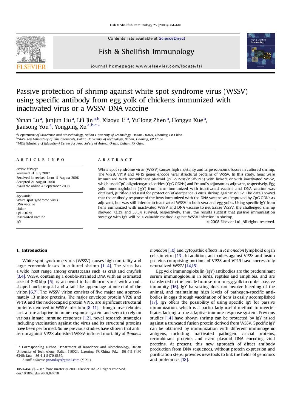 Passive protection of shrimp against white spot syndrome virus (WSSV) using specific antibody from egg yolk of chickens immunized with inactivated virus or a WSSV-DNA vaccine