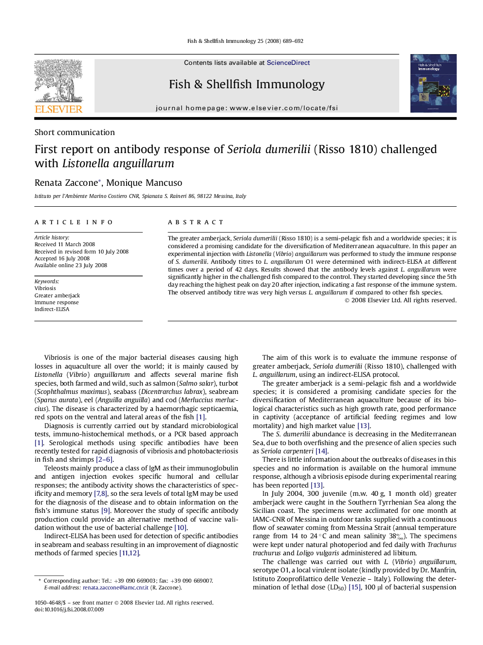 First report on antibody response of Seriola dumerilii (Risso 1810) challenged with Listonella anguillarum