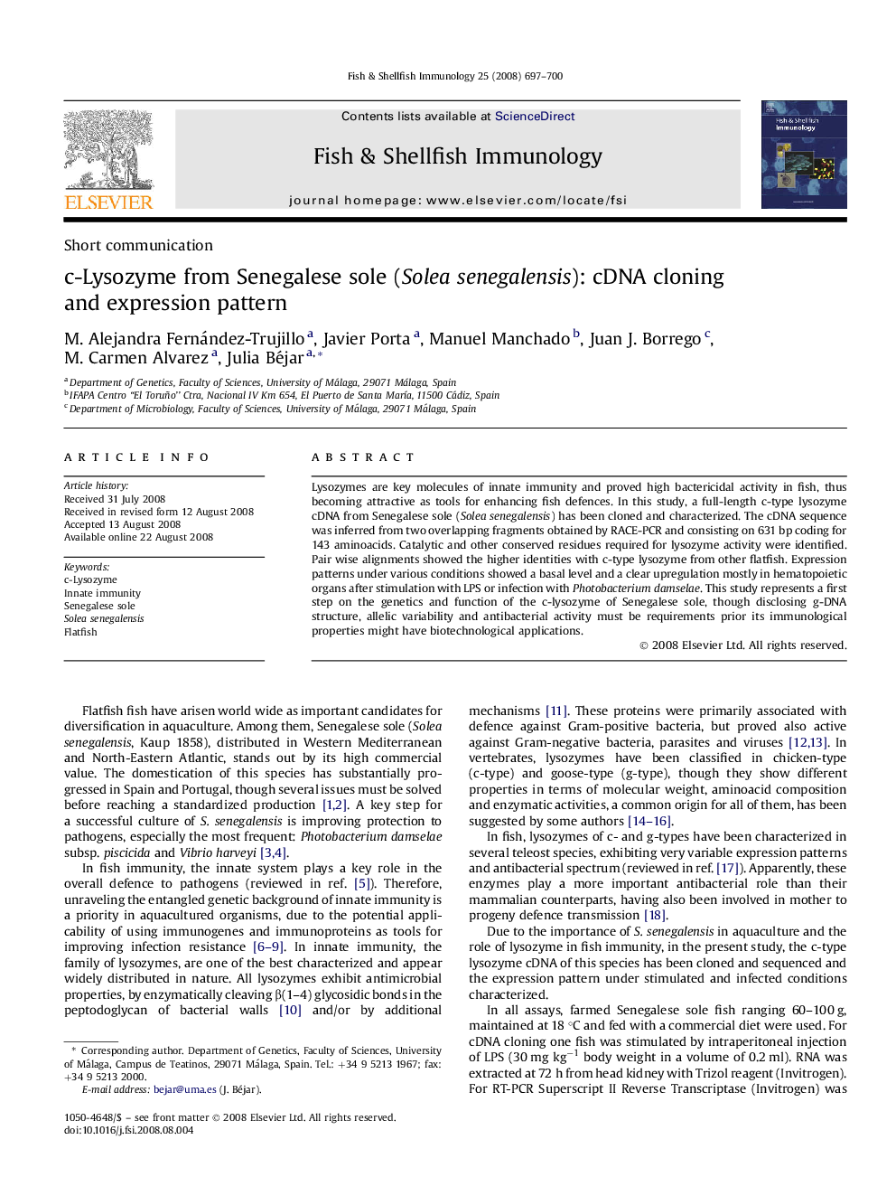 c-Lysozyme from Senegalese sole (Solea senegalensis): cDNA cloning and expression pattern