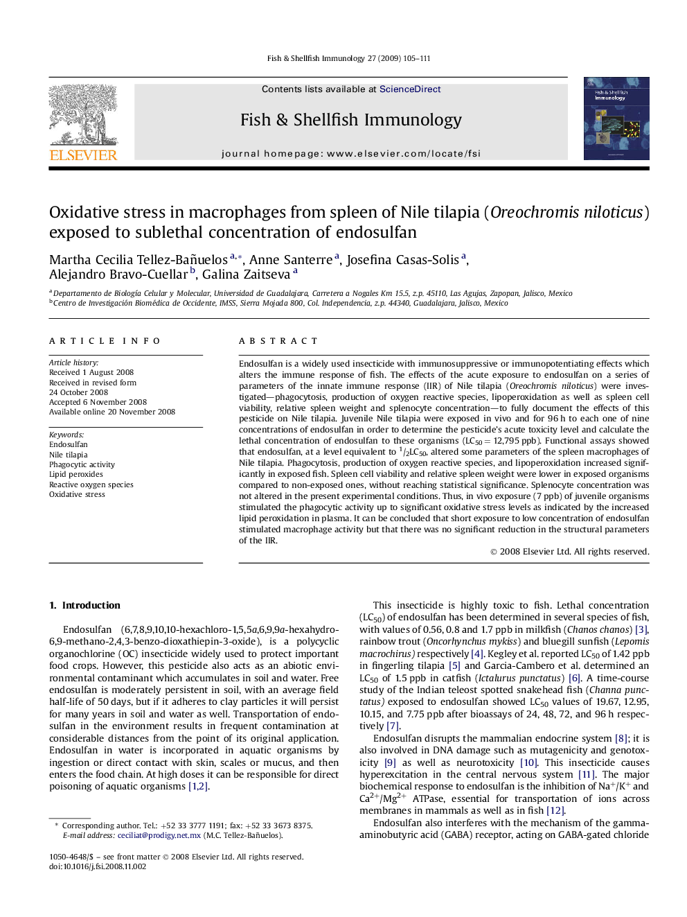 Oxidative stress in macrophages from spleen of Nile tilapia (Oreochromis niloticus) exposed to sublethal concentration of endosulfan