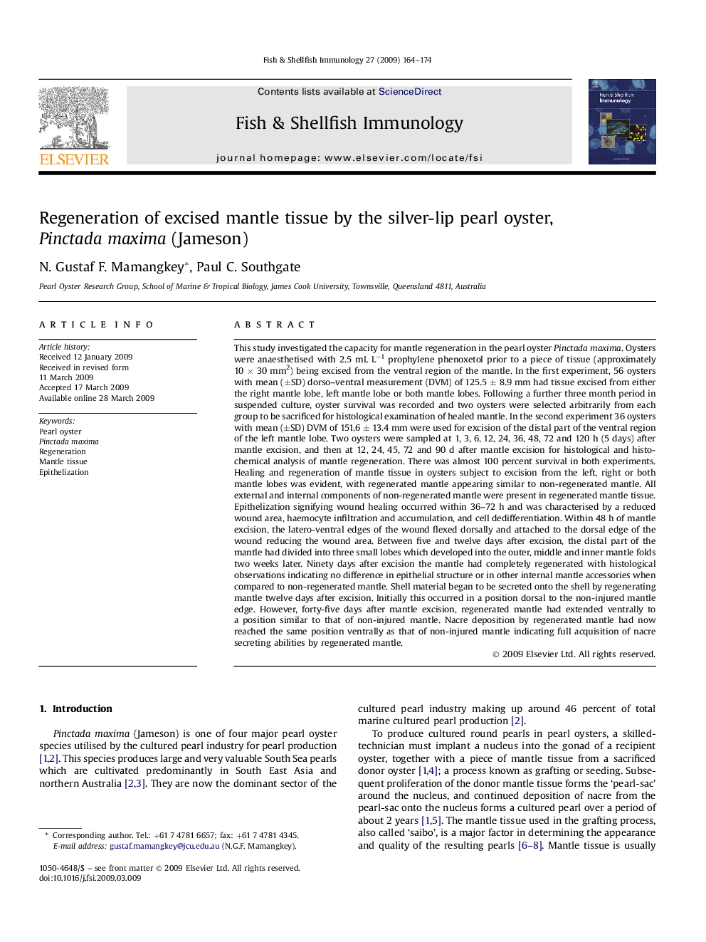 Regeneration of excised mantle tissue by the silver-lip pearl oyster, Pinctada maxima (Jameson)