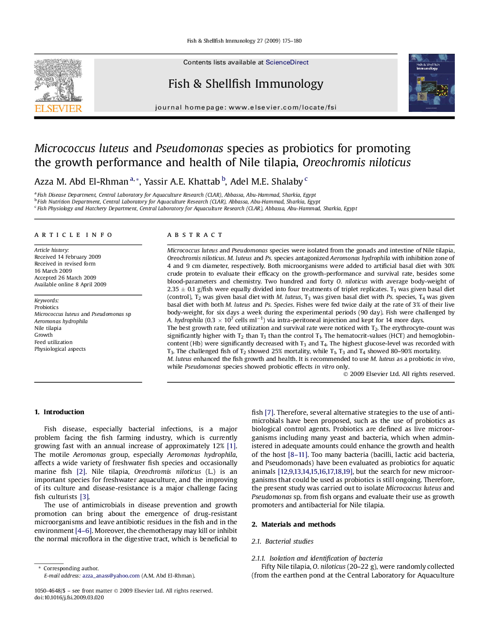 Micrococcus luteus and Pseudomonas species as probiotics for promoting the growth performance and health of Nile tilapia, Oreochromis niloticus