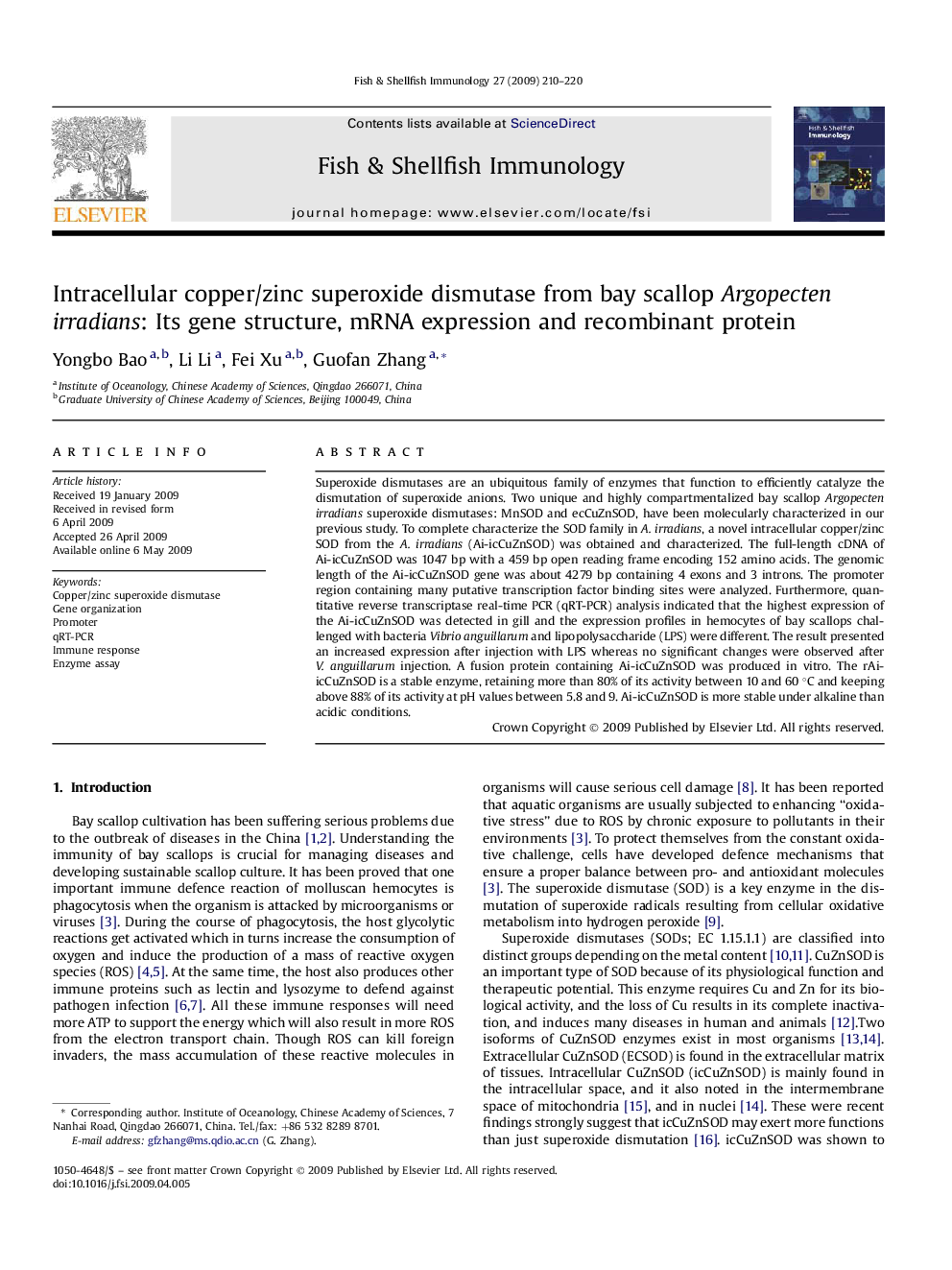 Intracellular copper/zinc superoxide dismutase from bay scallop Argopecten irradians: Its gene structure, mRNA expression and recombinant protein