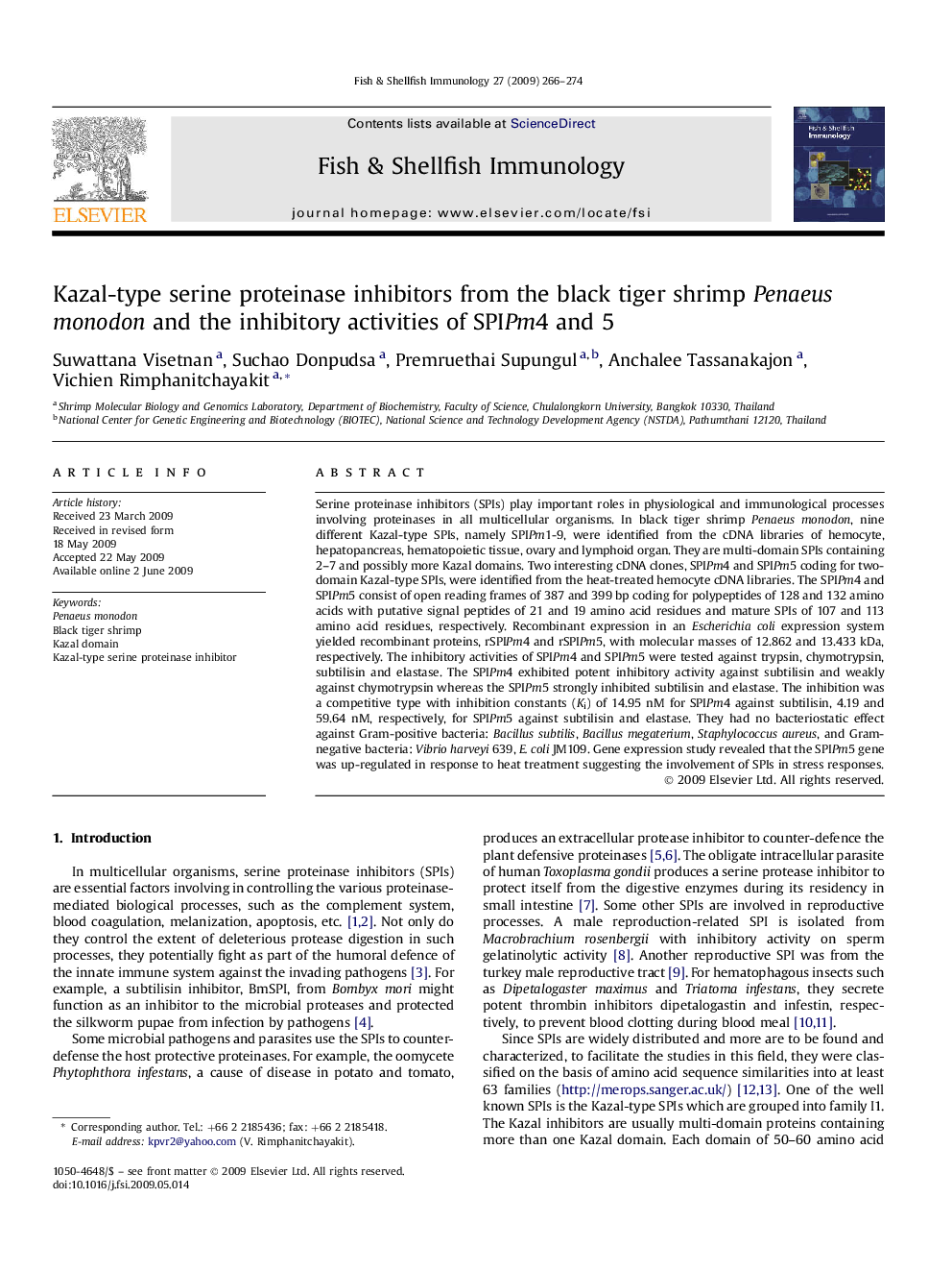 Kazal-type serine proteinase inhibitors from the black tiger shrimp Penaeus monodon and the inhibitory activities of SPIPm4 and 5