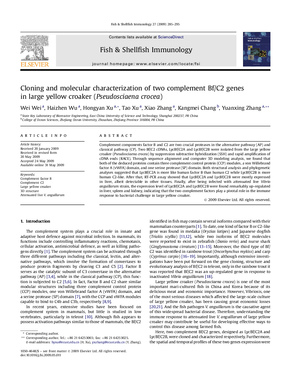 Cloning and molecular characterization of two complement Bf/C2 genes in large yellow croaker (Pseudosciaena crocea)