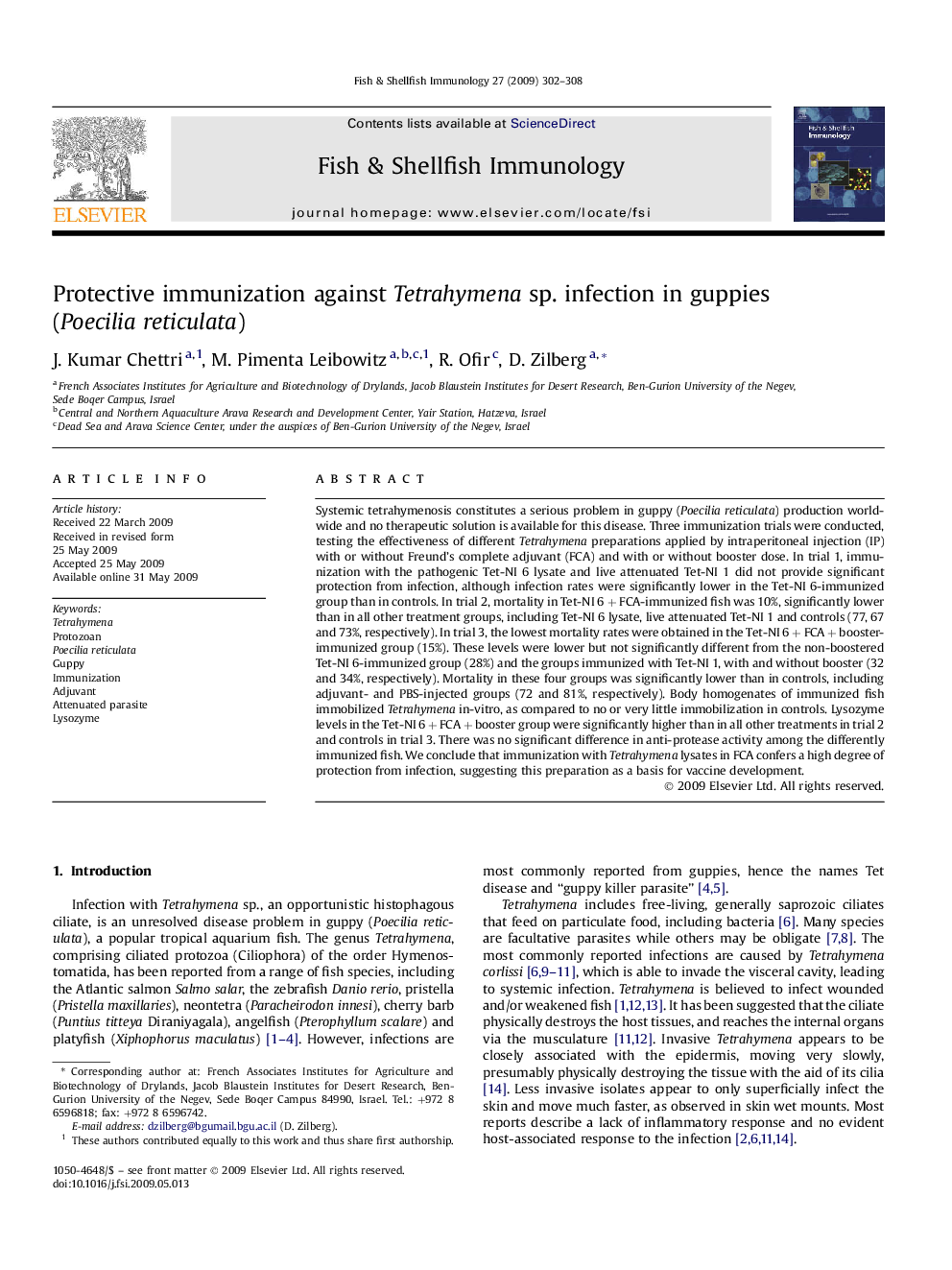 Protective immunization against Tetrahymena sp. infection in guppies (Poecilia reticulata)