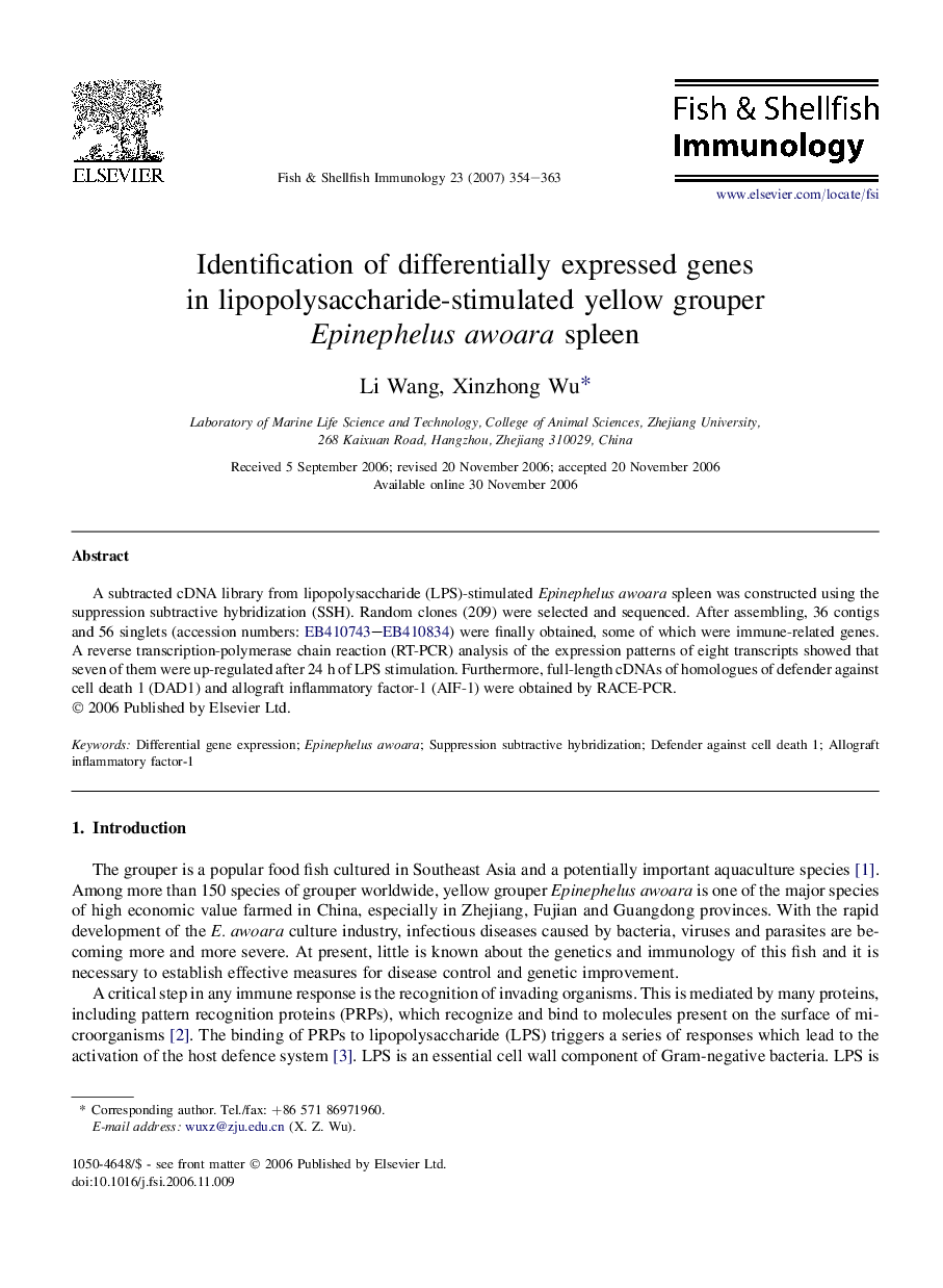 Identification of differentially expressed genes in lipopolysaccharide-stimulated yellow grouper Epinephelus awoara spleen