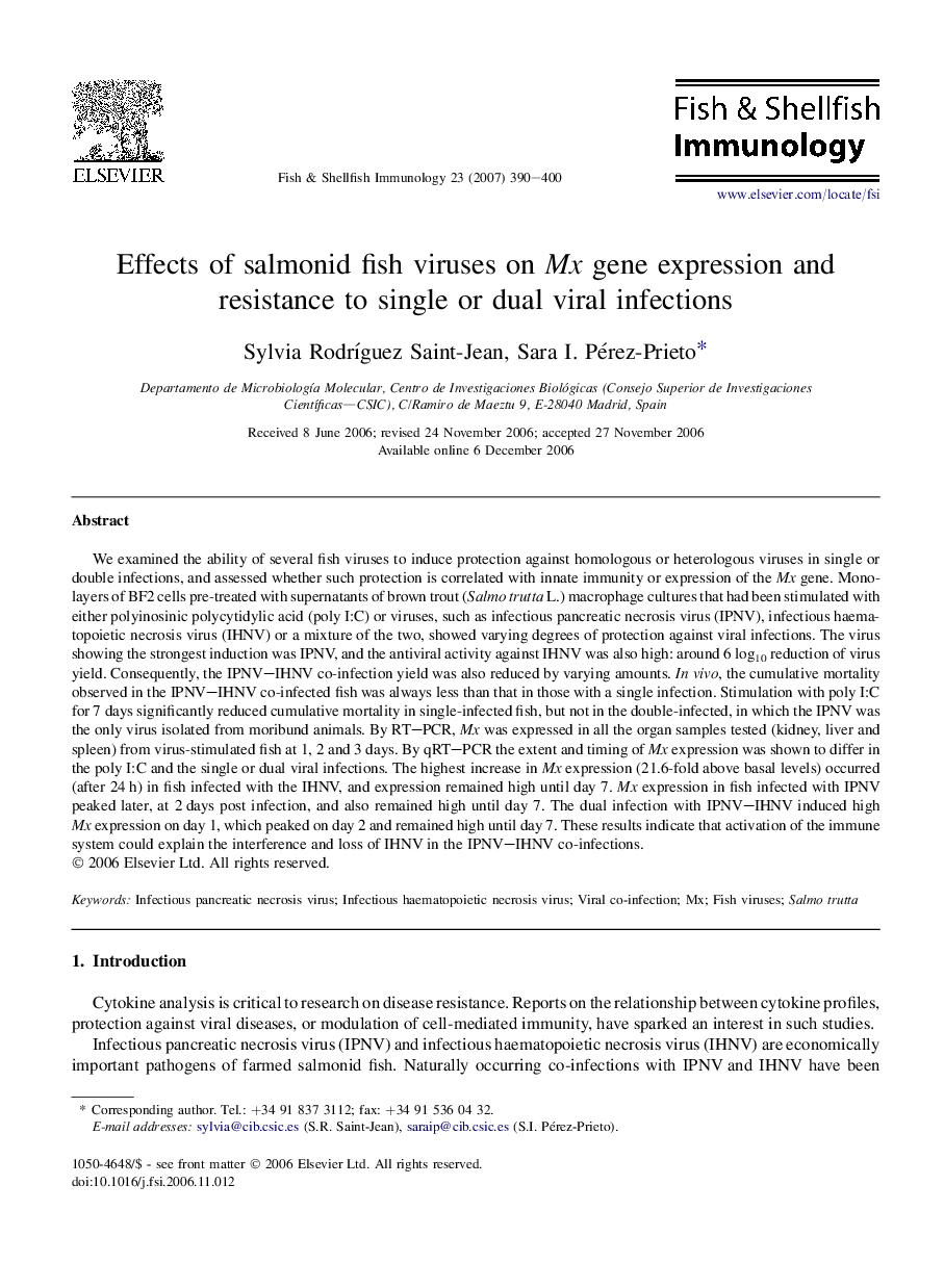 Effects of salmonid fish viruses on Mx gene expression and resistance to single or dual viral infections