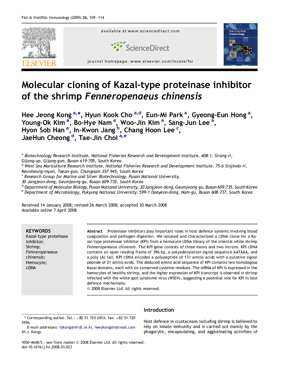 Molecular cloning of Kazal-type proteinase inhibitor of the shrimp Fenneropenaeus chinensis