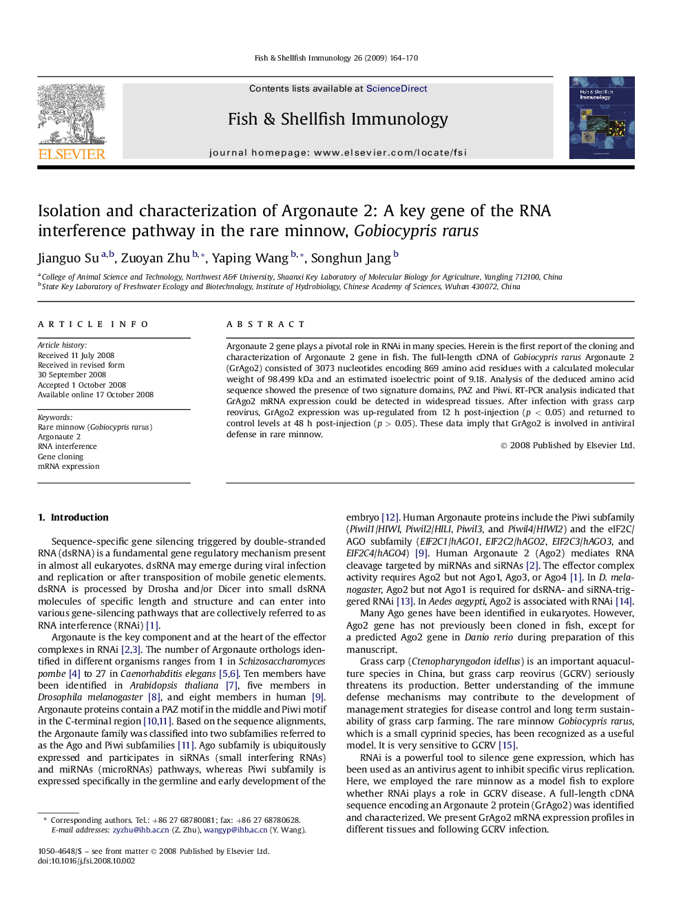 Isolation and characterization of Argonaute 2: A key gene of the RNA interference pathway in the rare minnow, Gobiocypris rarus