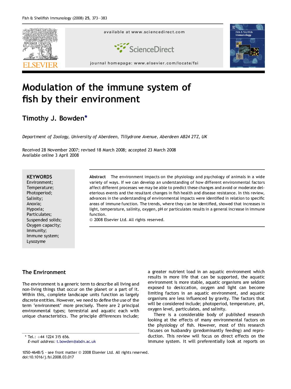 Modulation of the immune system of fish by their environment