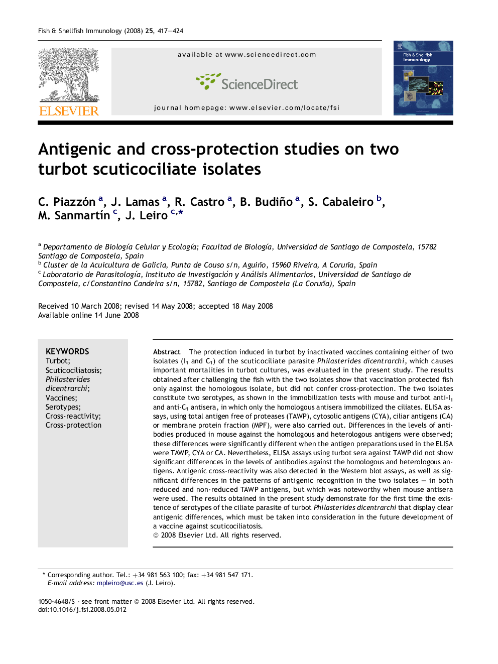 Antigenic and cross-protection studies on two turbot scuticociliate isolates