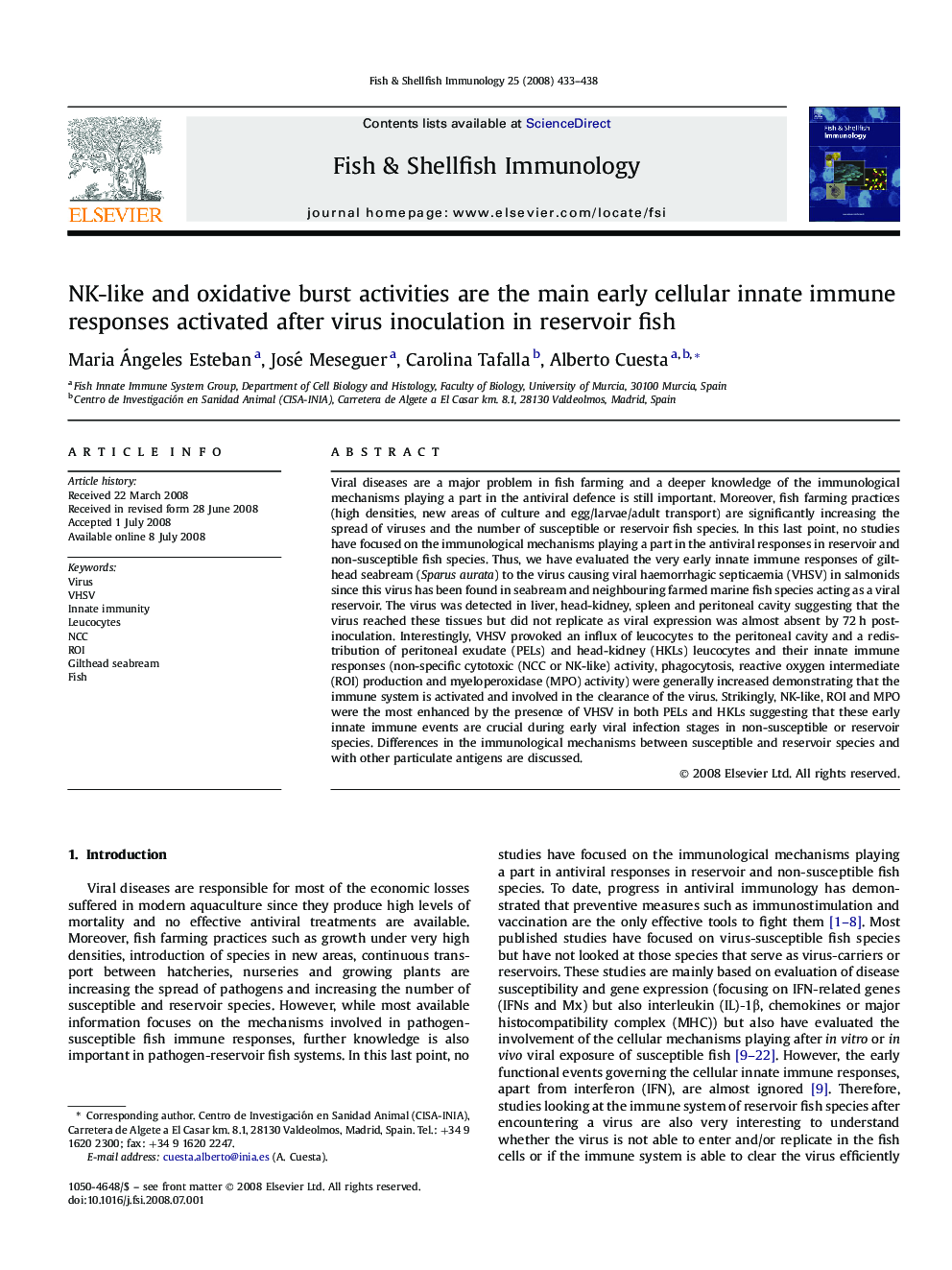 NK-like and oxidative burst activities are the main early cellular innate immune responses activated after virus inoculation in reservoir fish