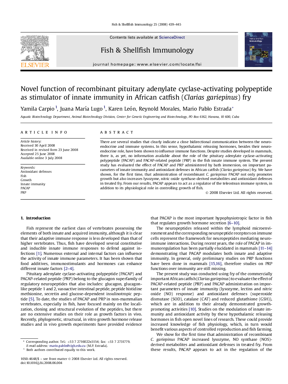 Novel function of recombinant pituitary adenylate cyclase-activating polypeptide as stimulator of innate immunity in African catfish (Clarias gariepinus) fry