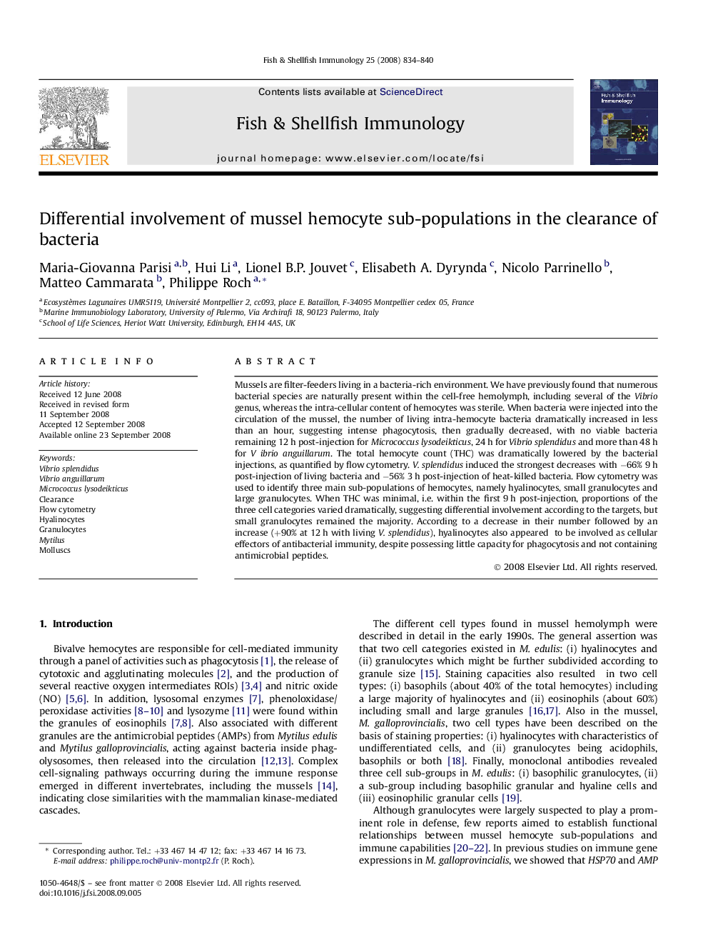 Differential involvement of mussel hemocyte sub-populations in the clearance of bacteria