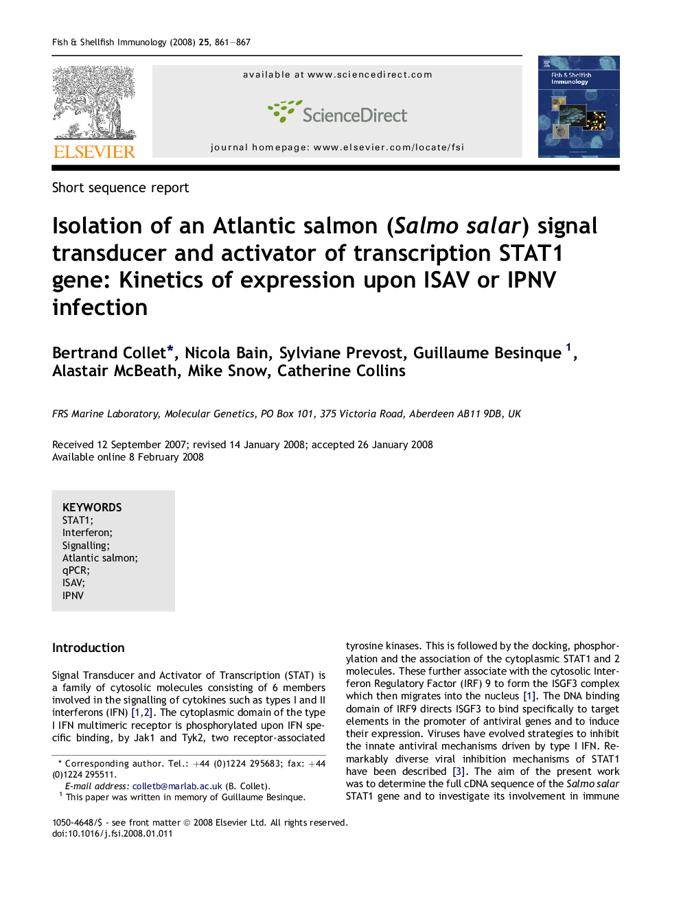 Isolation of an Atlantic salmon (Salmo salar) signal transducer and activator of transcription STAT1 gene: Kinetics of expression upon ISAV or IPNV infection