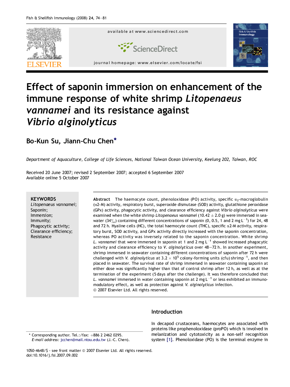 Effect of saponin immersion on enhancement of the immune response of white shrimp Litopenaeus vannamei and its resistance against Vibrio alginolyticus