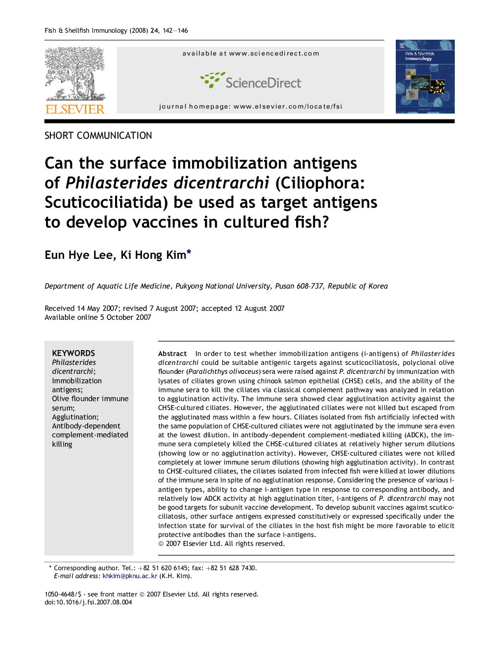 Can the surface immobilization antigens of Philasterides dicentrarchi (Ciliophora: Scuticociliatida) be used as target antigens to develop vaccines in cultured fish?