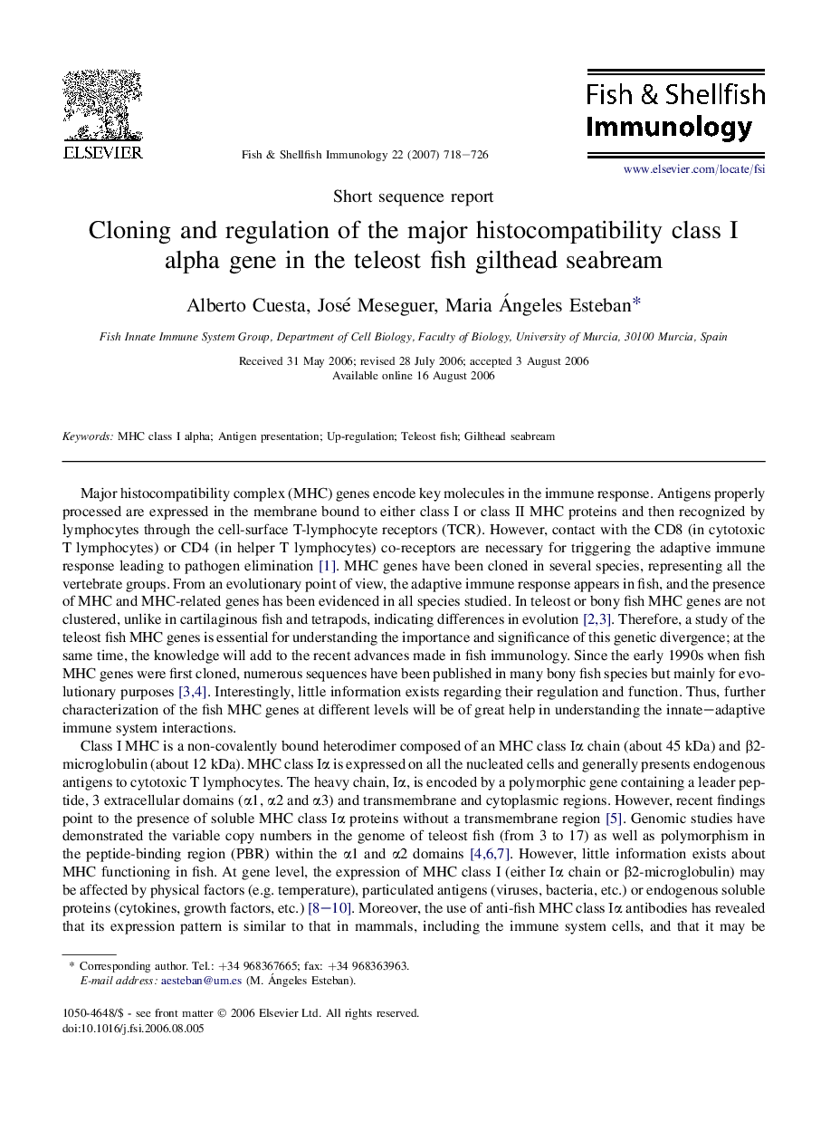 Cloning and regulation of the major histocompatibility class I alpha gene in the teleost fish gilthead seabream