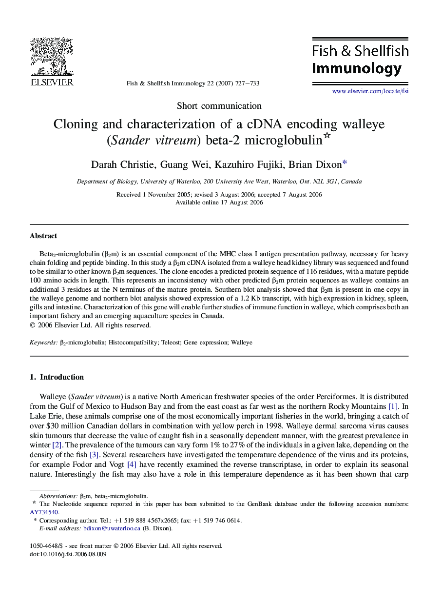 Cloning and characterization of a cDNA encoding walleye (Sander vitreum) beta-2 microglobulin 