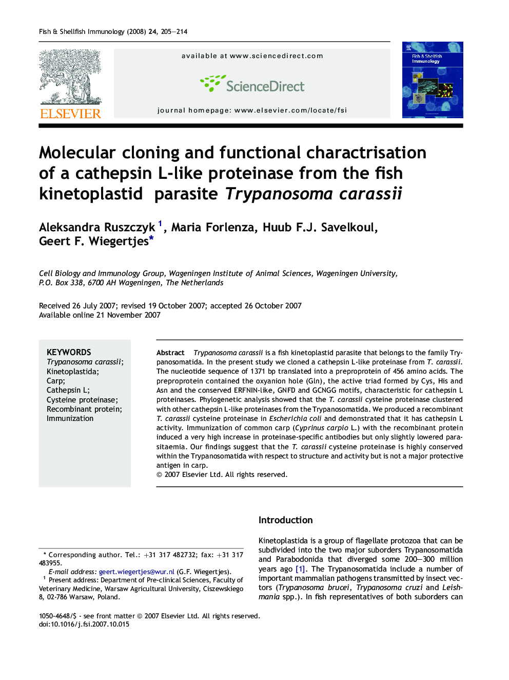 Molecular cloning and functional charactrisation of a cathepsin L-like proteinase from the fish kinetoplastid parasite Trypanosoma carassii