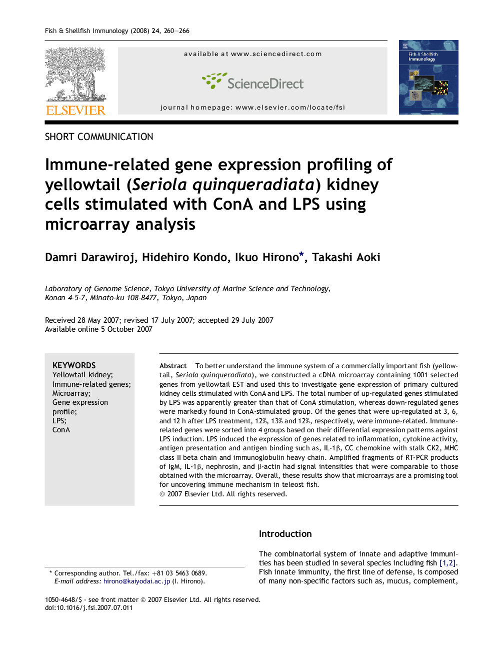 Immune-related gene expression profiling of yellowtail (Seriola quinqueradiata) kidney cells stimulated with ConA and LPS using microarray analysis