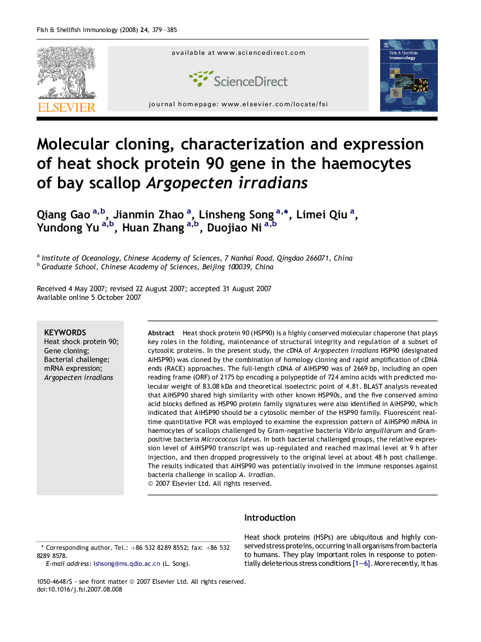 Molecular cloning, characterization and expression of heat shock protein 90 gene in the haemocytes of bay scallop Argopecten irradians