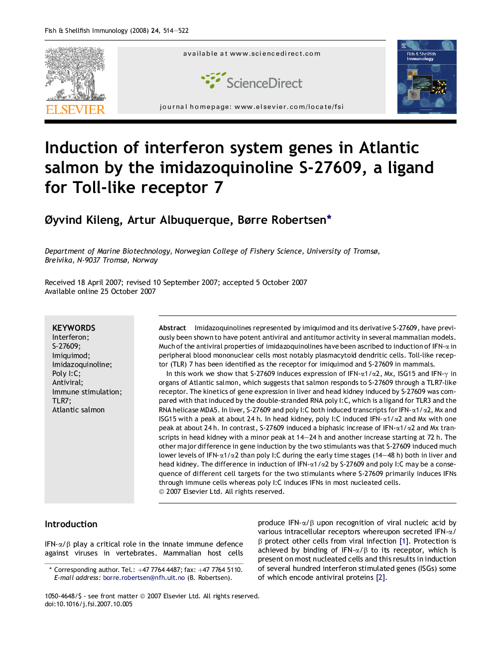 Induction of interferon system genes in Atlantic salmon by the imidazoquinoline S-27609, a ligand for Toll-like receptor 7