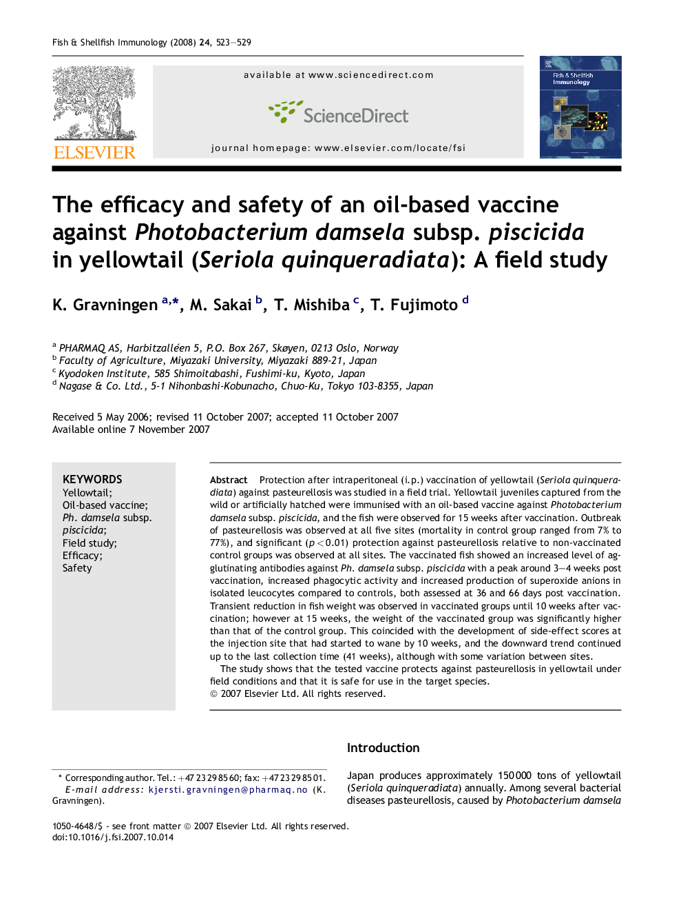 The efficacy and safety of an oil-based vaccine against Photobacterium damsela subsp. piscicida in yellowtail (Seriola quinqueradiata): A field study