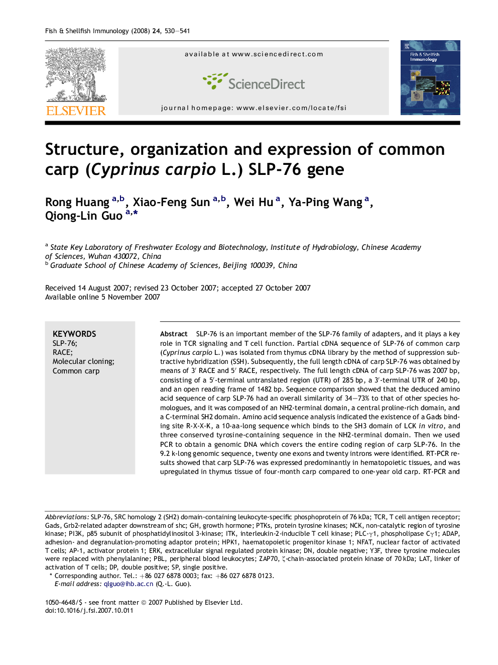 Structure, organization and expression of common carp (Cyprinus carpio L.) SLP-76 gene