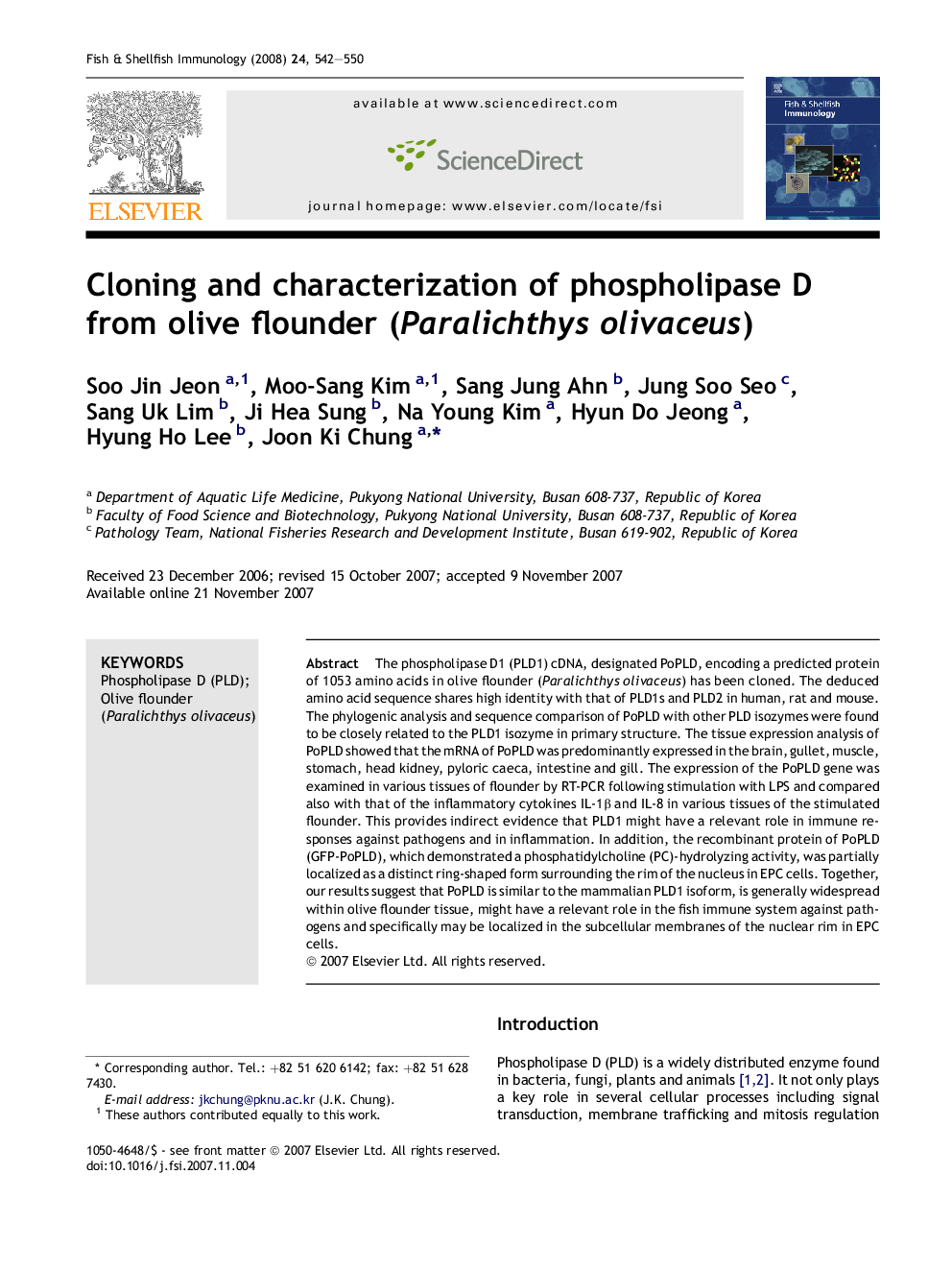 Cloning and characterization of phospholipase D from olive flounder (Paralichthys olivaceus)