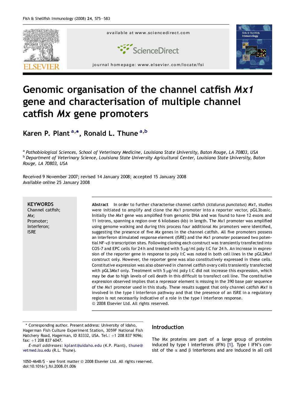 Genomic organisation of the channel catfish Mx1 gene and characterisation of multiple channel catfish Mx gene promoters