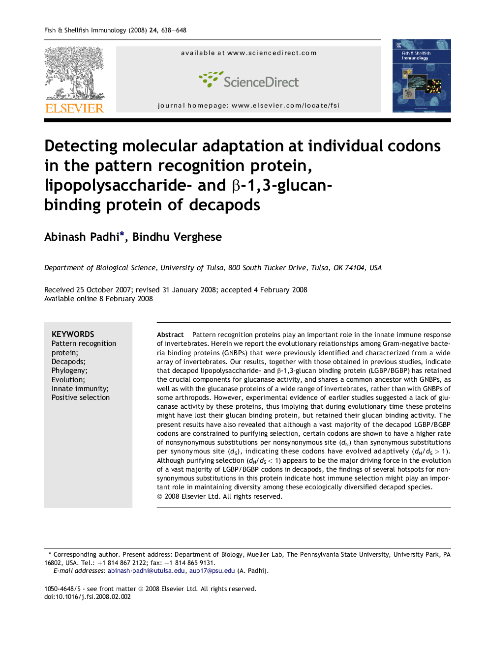 Detecting molecular adaptation at individual codons in the pattern recognition protein, lipopolysaccharide- and β-1,3-glucan-binding protein of decapods