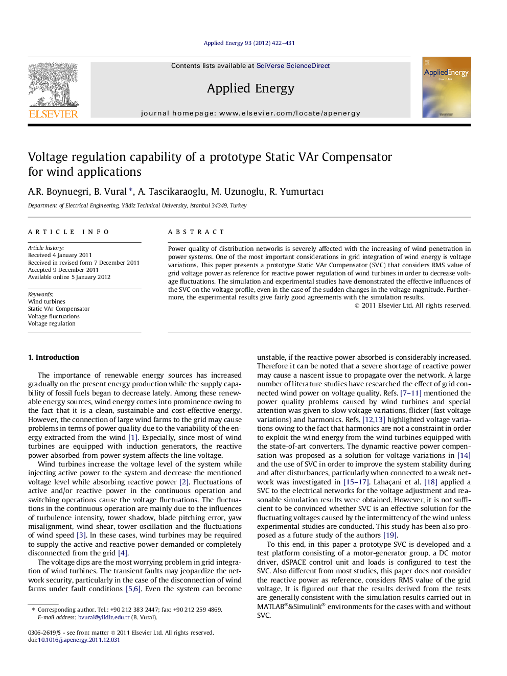 Voltage regulation capability of a prototype Static VAr Compensator for wind applications