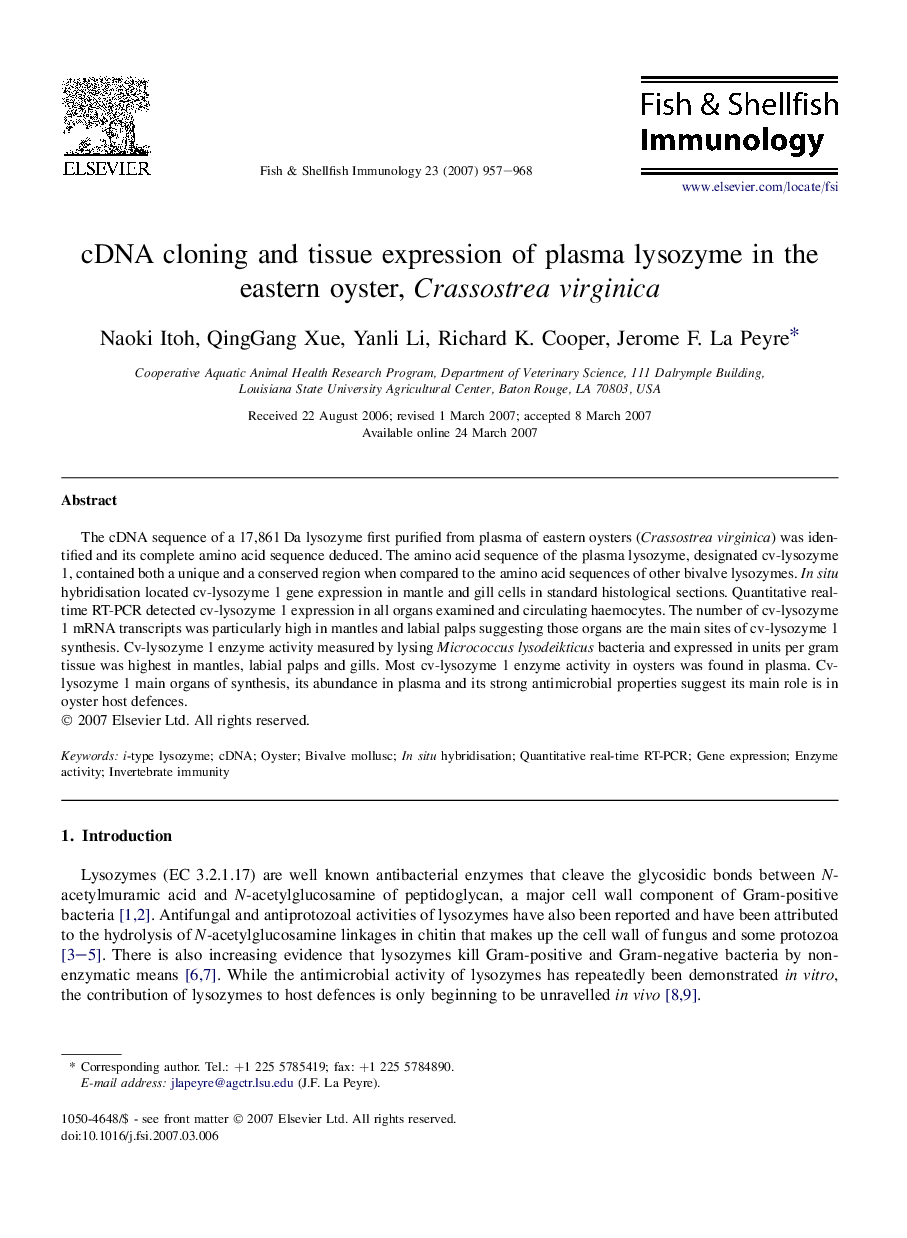 cDNA cloning and tissue expression of plasma lysozyme in the eastern oyster, Crassostrea virginica