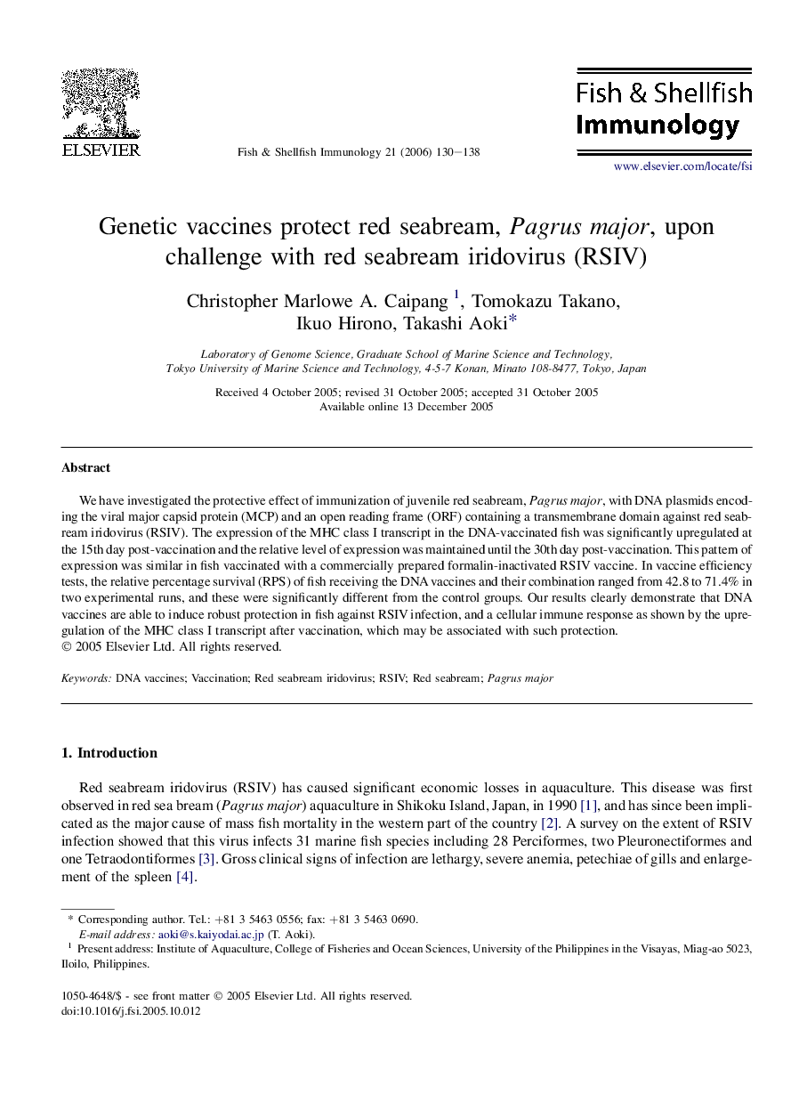 Genetic vaccines protect red seabream, Pagrus major, upon challenge with red seabream iridovirus (RSIV)