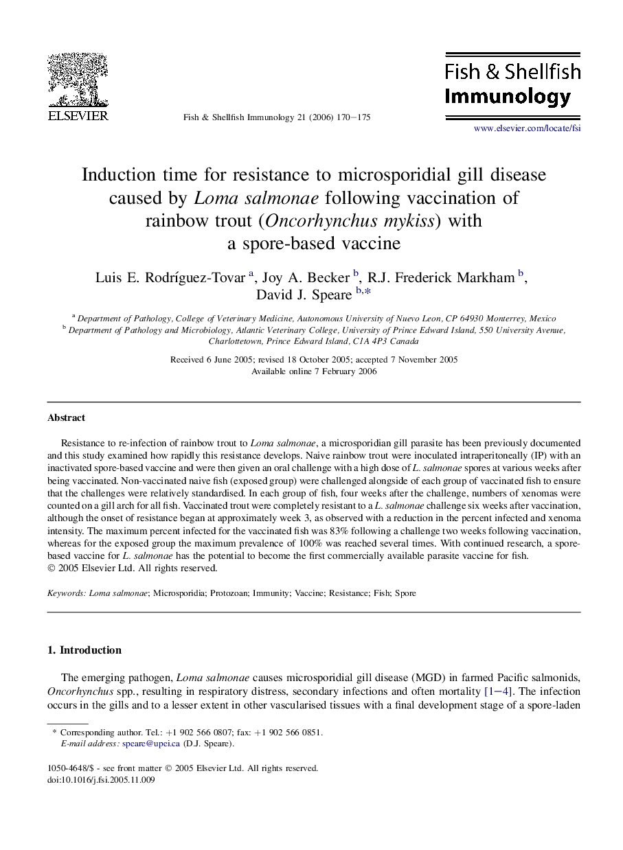 عکس صفحه اول مقاله: Induction time for resistance to microsporidial gill disease caused by Loma salmonae following vaccination of rainbow trout (Oncorhynchus mykiss) with a spore-based vaccine Induction time for resistance to microsporidial gill disease caused by Loma salmonae following vaccination of rainbow trout (Oncorhynchus mykiss) with a spore-based vaccine