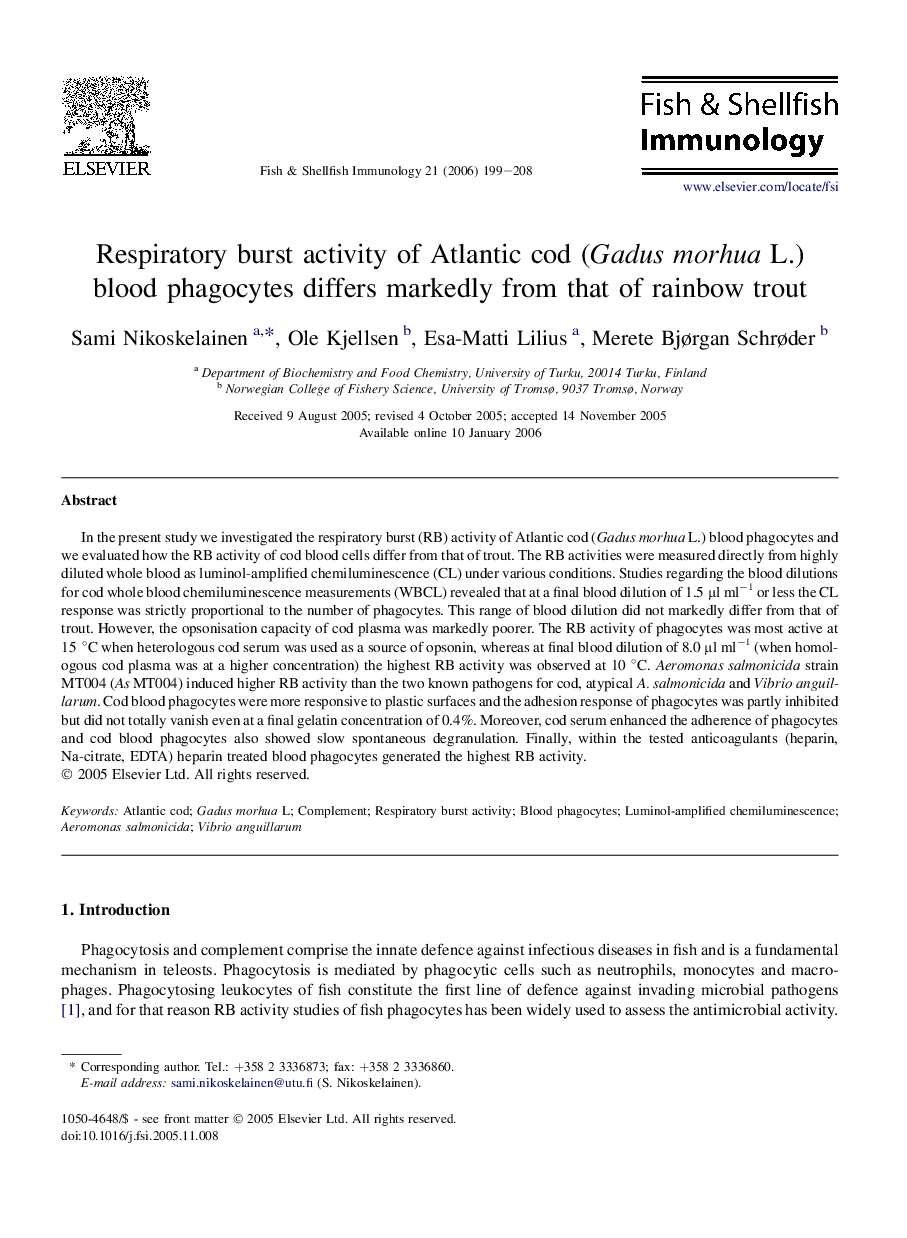 Respiratory burst activity of Atlantic cod (Gadus morhua L.) blood phagocytes differs markedly from that of rainbow trout