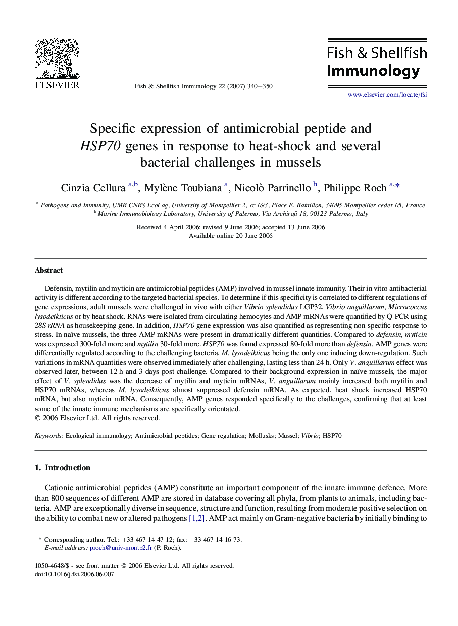 Specific expression of antimicrobial peptide and HSP70 genes in response to heat-shock and several bacterial challenges in mussels