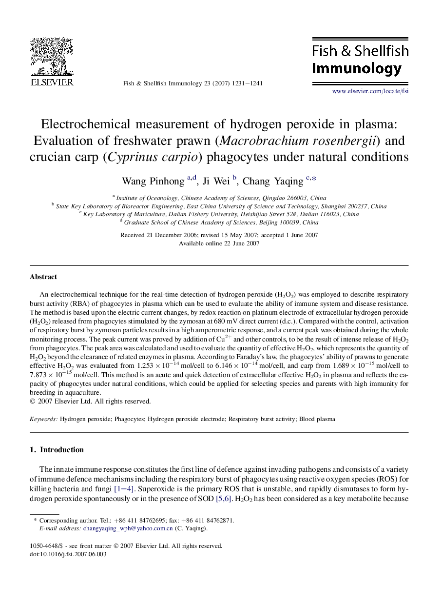 Electrochemical measurement of hydrogen peroxide in plasma: Evaluation of freshwater prawn (Macrobrachium rosenbergii) and crucian carp (Cyprinus carpio) phagocytes under natural conditions