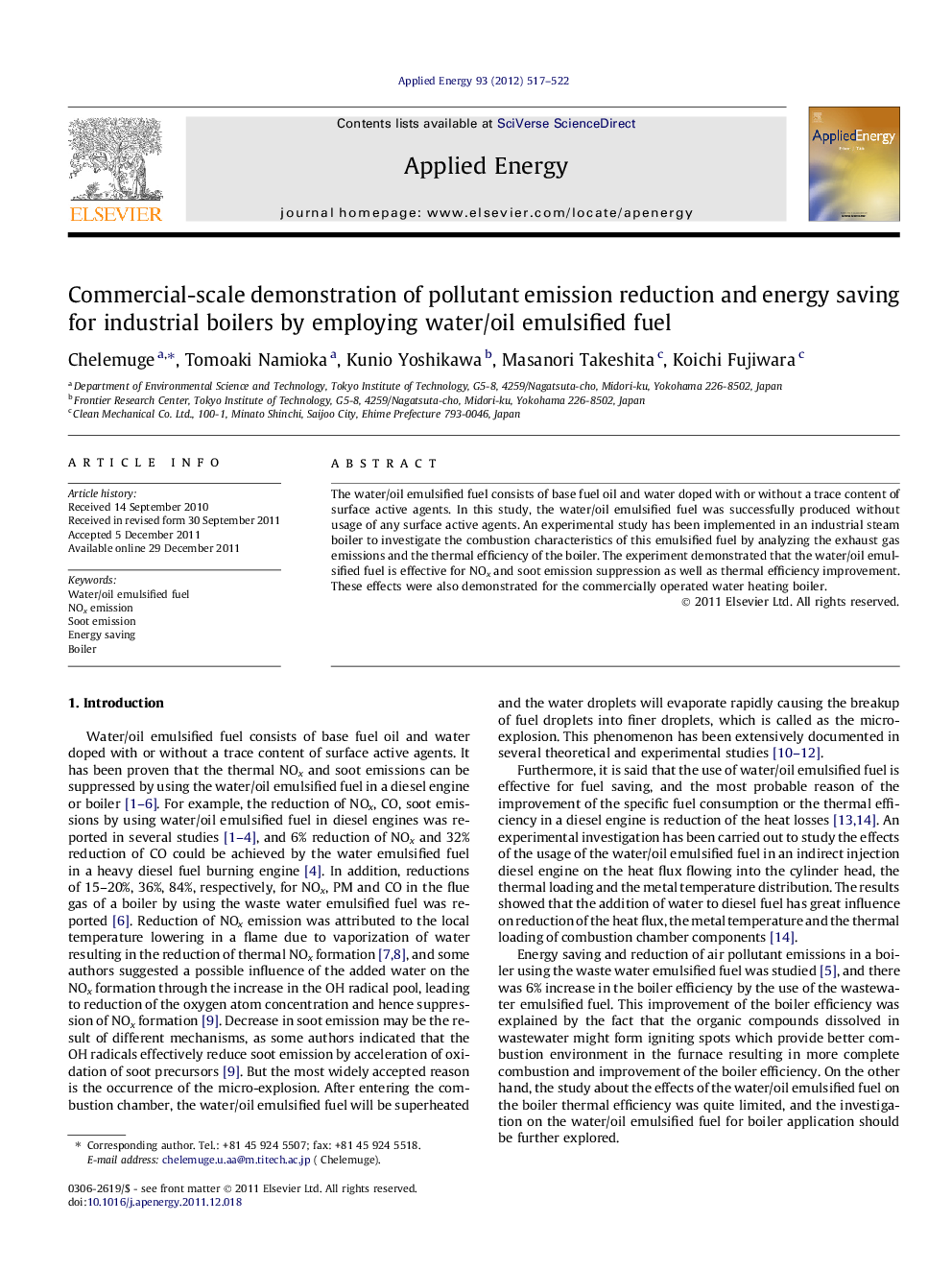 Commercial-scale demonstration of pollutant emission reduction and energy saving for industrial boilers by employing water/oil emulsified fuel