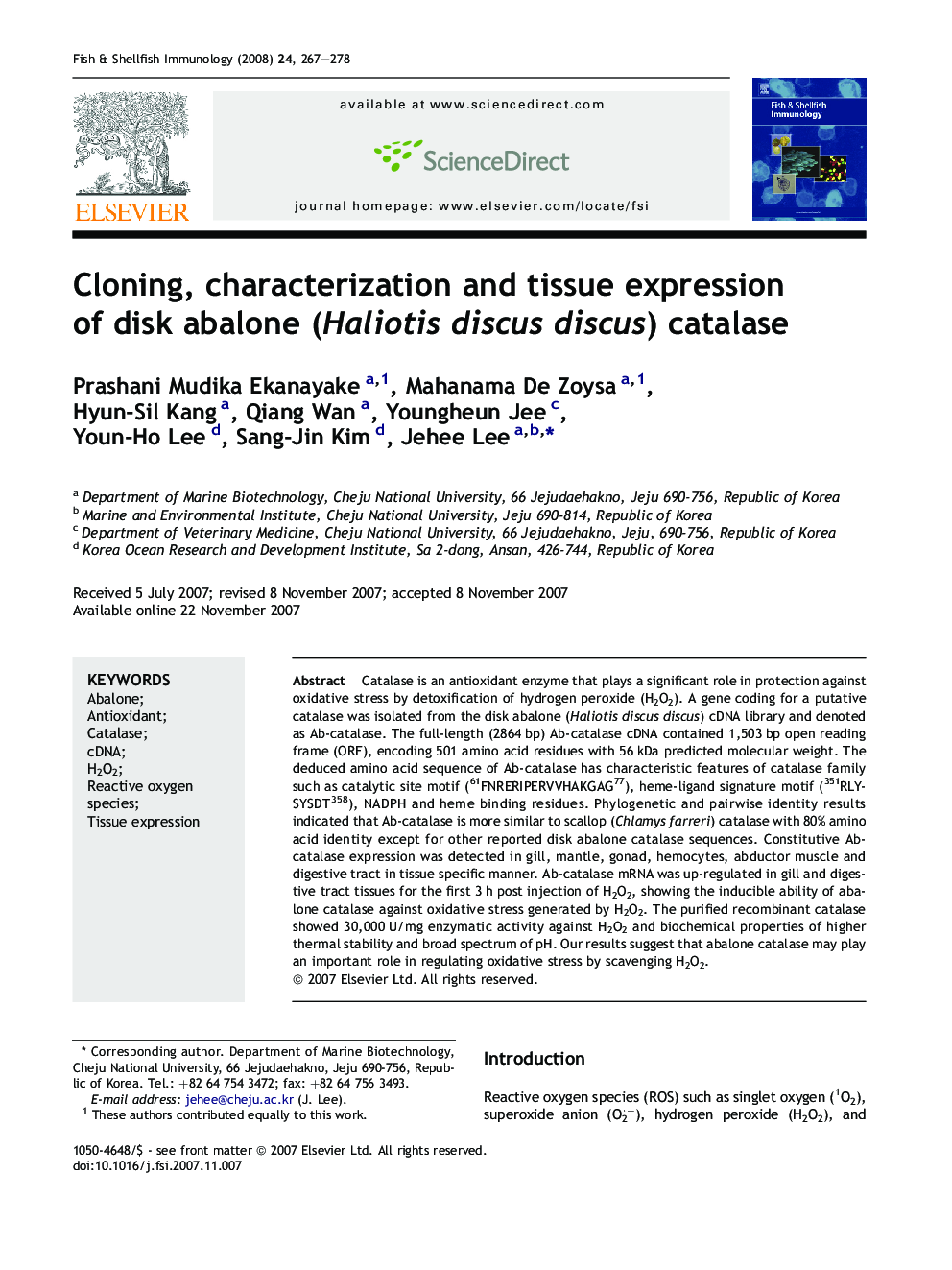 Cloning, characterization and tissue expression of disk abalone (Haliotis discus discus) catalase