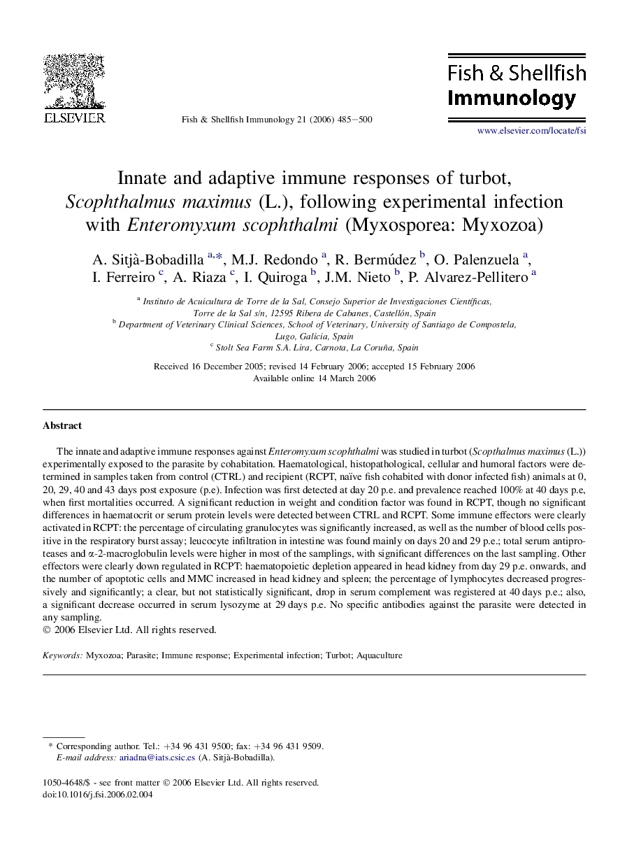 Innate and adaptive immune responses of turbot, Scophthalmus maximus (L.), following experimental infection with Enteromyxum scophthalmi (Myxosporea: Myxozoa)