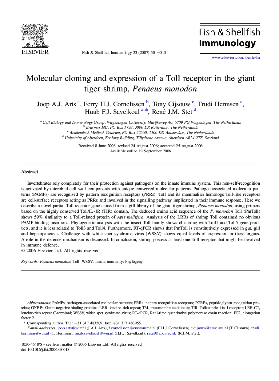 Molecular cloning and expression of a Toll receptor in the giant tiger shrimp, Penaeus monodon