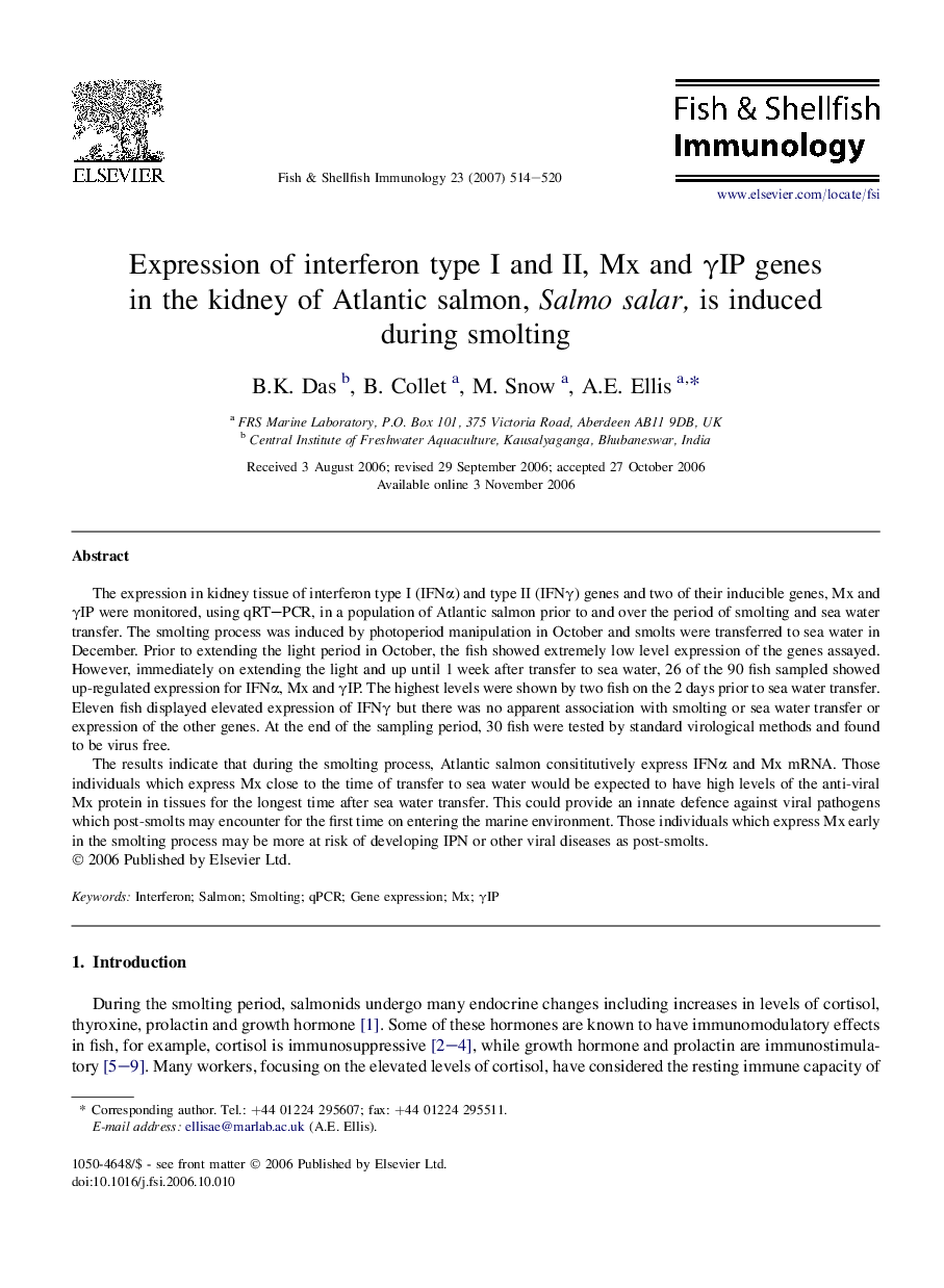 Expression of interferon type I and II, Mx and γIP genes in the kidney of Atlantic salmon, Salmo salar, is induced during smolting