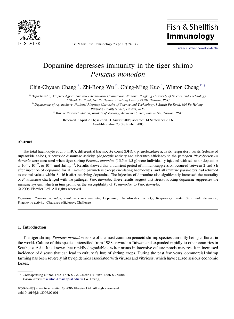 Dopamine depresses immunity in the tiger shrimp Penaeus monodon