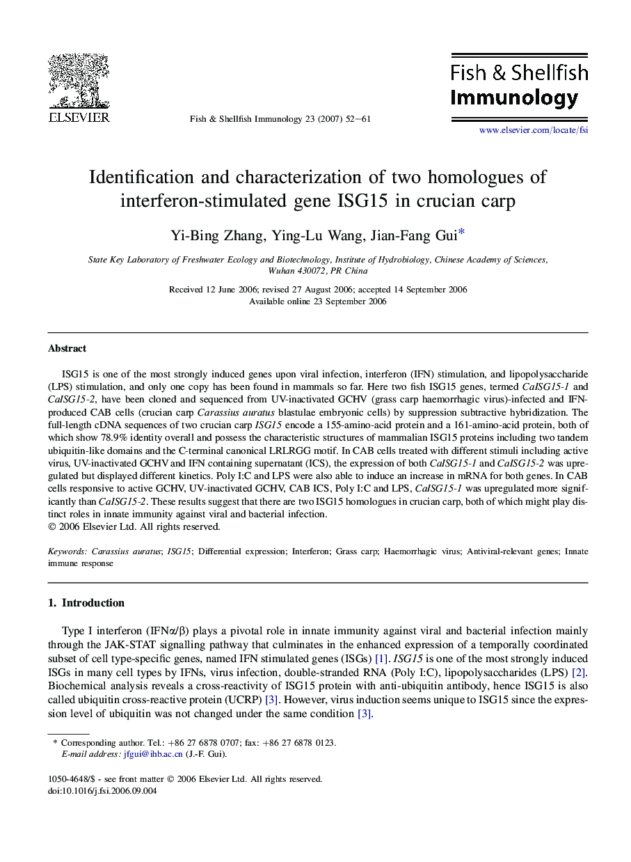 Identification and characterization of two homologues of interferon-stimulated gene ISG15 in crucian carp