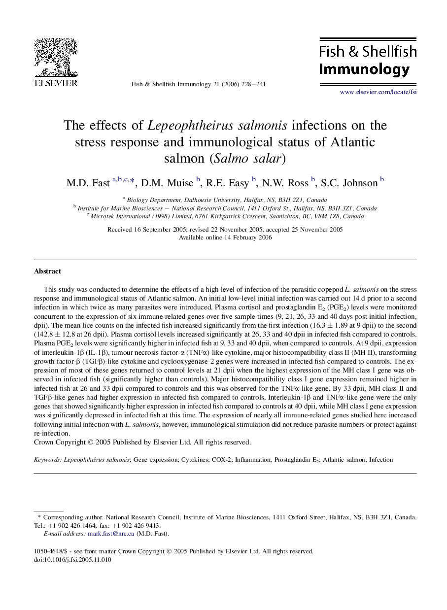 The effects of Lepeophtheirus salmonis infections on the stress response and immunological status of Atlantic salmon (Salmo salar)