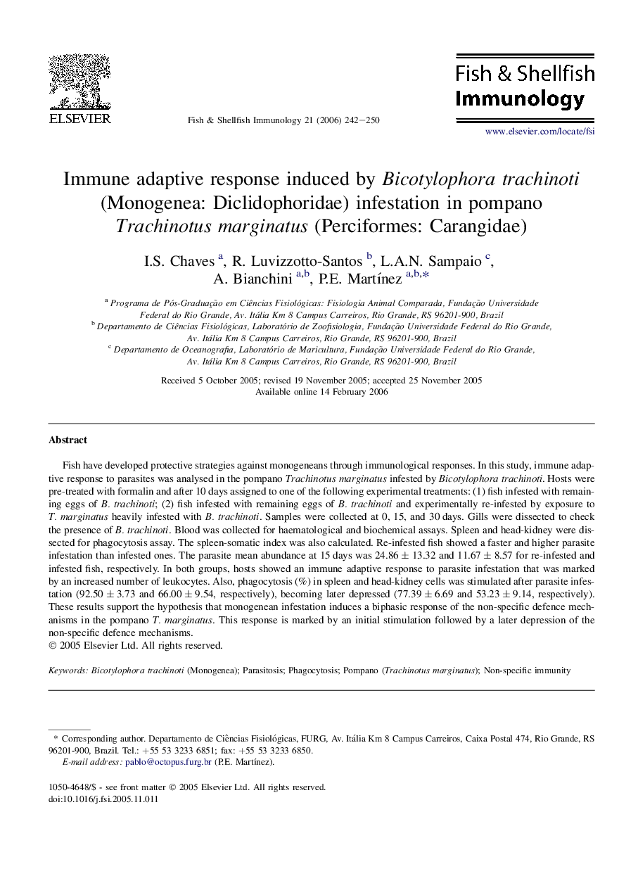 Immune adaptive response induced by Bicotylophora trachinoti (Monogenea: Diclidophoridae) infestation in pompano Trachinotus marginatus (Perciformes: Carangidae)