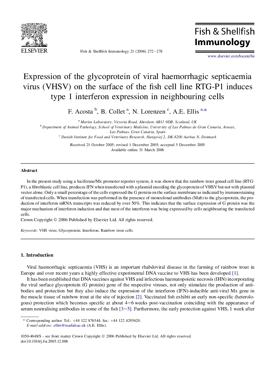 Expression of the glycoprotein of viral haemorrhagic septicaemia virus (VHSV) on the surface of the fish cell line RTG-P1 induces type 1 interferon expression in neighbouring cells